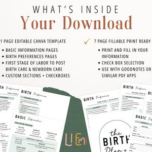 May include: A digital download for a birth plan template. The image shows a preview of the 11-page Canva template and the 7-page printable PDF. The template includes sections for basic information, birth preferences, first stage of labor, post-birth care, and newborn care. The text "WHAT'S INSIDE Your Download" is at the top of the image.