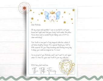 Blue Tooth Fairy Letter Printable, Editable Tooth Fairy Note Canva Template, Fairy Printable, First Tooth Fairy Receipt, Digital Download
