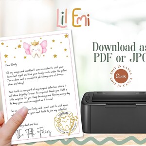 Puede incluir: Una carta de la hada de los dientes imprimible con una ilustraci&oacute;n de hada de los dientes rosa y dorada y el texto "Lil Emi" en la parte superior. La carta est&aacute; dirigida a Emily e incluye el texto "Querida Emily", "&iexcl;Oh, mis alas y mis brillos! Estaba tan emocionada de visitar tu casa anoche y encontrar tu precioso diente debajo de la almohada. Has hecho un trabajo maravilloso cuid&aacute;ndolo, &iexcl;est&aacute; tan limpio y brillante!" y "Tu diente ahora forma parte de mi colecci&oacute;n m&aacute;gica donde brillar&aacute; para siempre. Como agradecimiento especial, te dej&eacute; una peque&ntilde;a sorpresa. Sigue cepill&aacute;ndote los dientes y usando hilo dental todos los d&iacute;as para mantener tu sonrisa tan m&aacute;gica como lo es ahora!" La carta est&aacute; firmada "El Hada de los Dientes".