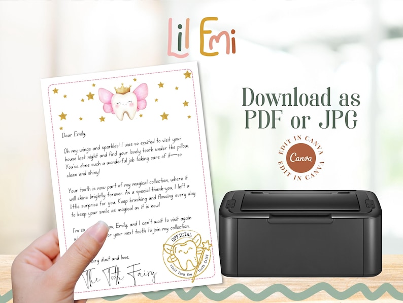 Puede incluir: Una carta de la hada de los dientes imprimible con una ilustraci&oacute;n de hada de los dientes rosa y dorada y el texto "Lil Emi" en la parte superior. La carta est&aacute; dirigida a Emily e incluye el texto "Querida Emily", "&iexcl;Oh, mis alas y mis brillos! Estaba tan emocionada de visitar tu casa anoche y encontrar tu precioso diente debajo de la almohada. Has hecho un trabajo maravilloso cuid&aacute;ndolo, &iexcl;est&aacute; tan limpio y brillante!" y "Tu diente ahora forma parte de mi colecci&oacute;n m&aacute;gica donde brillar&aacute; para siempre. Como agradecimiento especial, te dej&eacute; una peque&ntilde;a sorpresa. Sigue cepill&aacute;ndote los dientes y usando hilo dental todos los d&iacute;as para mantener tu sonrisa tan m&aacute;gica como lo es ahora!" La carta est&aacute; firmada "El Hada de los Dientes".