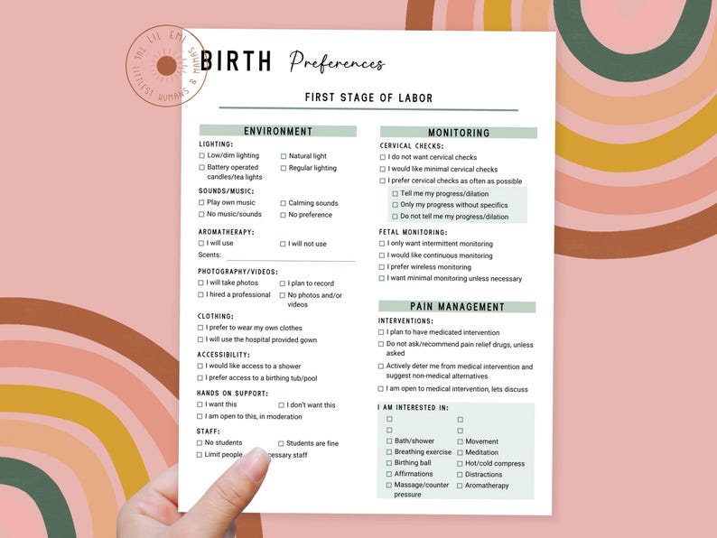 May include: A printable checklist for first stage of labor preferences. The checklist includes sections for environment, monitoring, pain management, and things the birthing person is interested in.  The checklist includes options for lighting, sounds, aromatherapy, photography, clothing, accessibility, hands on support, staff, cervical checks, fetal monitoring, interventions, and pain management.