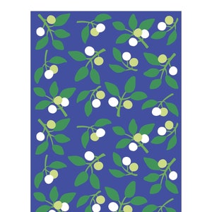 May include: A repeating pattern of green leaves and white and yellow berries on a blue background.