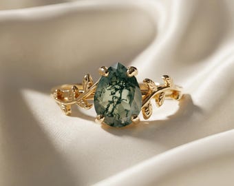 Anillo de ágata musgosa con talla de pera, banda de enredadera de hojas de oro, joyería inspirada en la naturaleza.