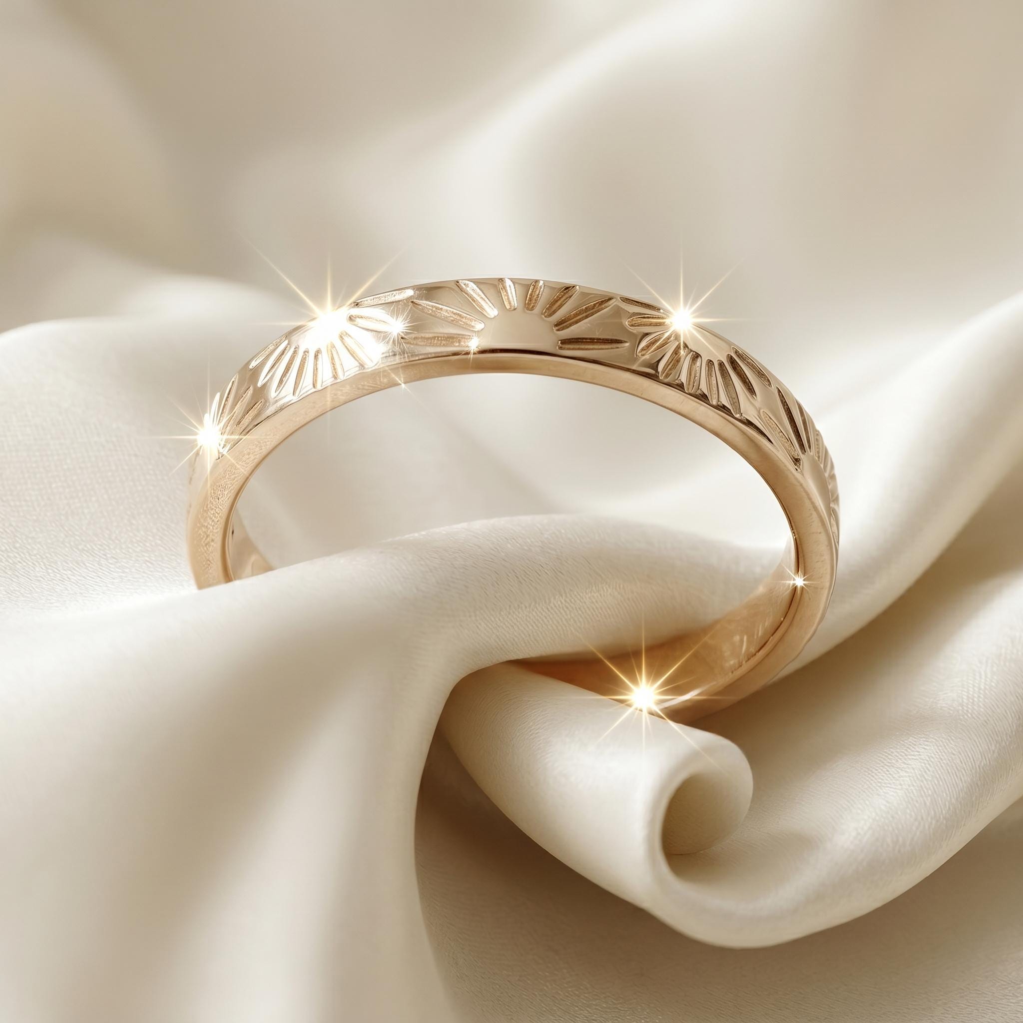 Sunburst Engraved Gold Band Ring – Minimalist Stacking Ring - Etsy