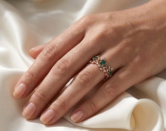 Emerald Vine Ring, Floral Gold Ring, Nature Inspired Engagement Ring