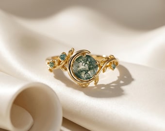 Anillo de hoja de ágata musgosa, anillo de compromiso de oro inspirado en la naturaleza, joyería botánica bohemia.