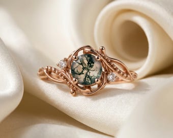 Anillo de diamantes y ágata musgosa, anillo de compromiso de oro rosa inspirado en la naturaleza