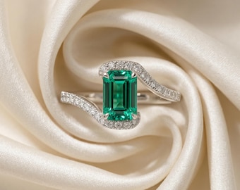 Anillo de esmeralda talla esmeralda y diamantes – Anillo de plata de ley con diseño de lazo