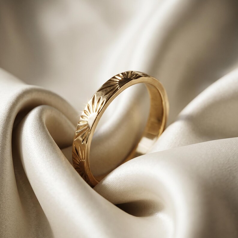 Sunburst Engraved Gold Band Ring – Minimalist Stacking Ring - Etsy