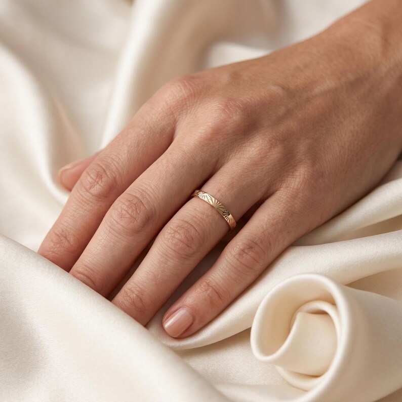 Sunburst Engraved Gold Band Ring – Minimalist Stacking Ring - Etsy