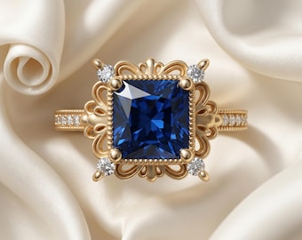 Square Blue Sapphire Ring, Ornate Gold Setting, Diamond Accents, Vintage Style Jewelry