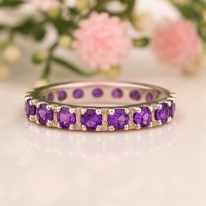 Amethyst Eternity Ring – Sterling Silver Band with Natural Round Purple Gemstones – February Birthstone – Stackable Anniversary Ring