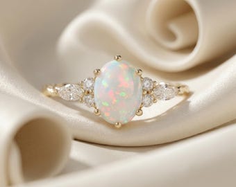 Anillo de compromiso ovalado con ópalo y diamantes – Oro de 14k, pieza llamativa.