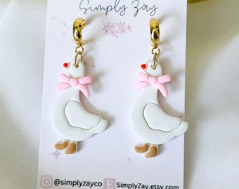 Easter Goose With Pink Bow Clay Dangle Earring for Spring| Fun Spring Earrings| Bird Lover Jewelry| Silly Goose| Mother’s Day Gifts
