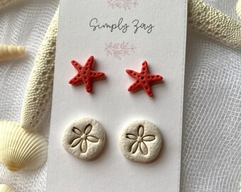 Beach Polymer Clay Stud Pack| Sand Dollar Studs| Starfish Earrings| Polymer Clay Earrings| Handmade Earrings| Beach Inspired Earrings