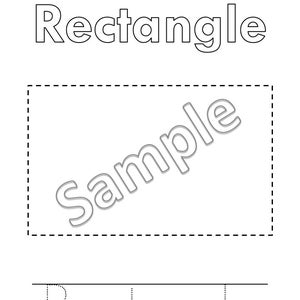 May include: A black and white printable worksheet for kids to practice tracing the word "rectangle". The worksheet includes a dashed line rectangle to trace and a dotted line rectangle to trace the word "rectangle".