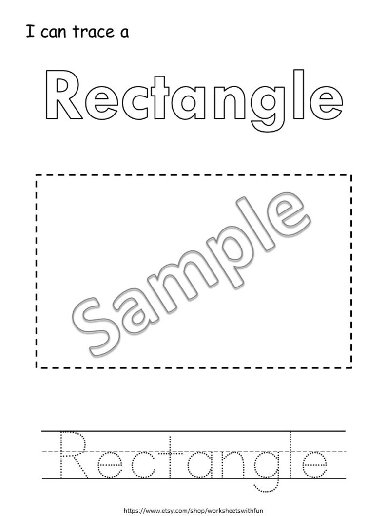 May include: A black and white printable worksheet for kids to practice tracing the word "rectangle". The worksheet includes a dashed line rectangle to trace and a dotted line rectangle to trace the word "rectangle".