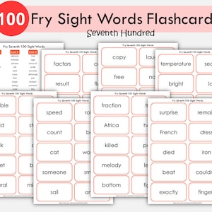 Sight Word Flashcards, Kindergarten-1st Grade Sight Words, 100 Printable Fry Seventh Hundred Word Cards, High Frequency Words Flashcards