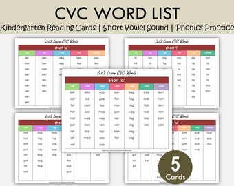 Liste de mots CVC imprimable | Lecture à la maternelle | Partitions de voyelles courtes A E I O U