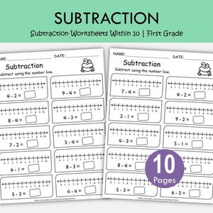 Peut inclure: Deux feuilles d'exercices pour la pratique de la soustraction en première année. Chaque feuille de calcul comporte des problèmes de soustraction à l'aide d'une droite numérique. Les feuilles de calcul sont blanches avec du texte noir et un dessin de grenouille.