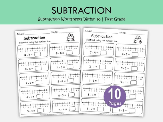 Subtraction Worksheets Within 10 with Number Line, Kindergarten Math Printable, First Grade Subtraction Practice, Visual Math Worksheets PDF