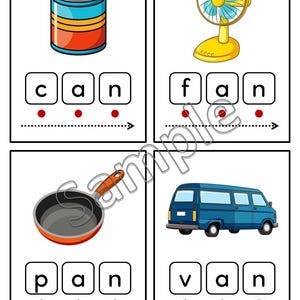 May include: Four flashcards with illustrations and word labels. The cards show a can, a fan, a pan, and a van. Each card has the word broken down into individual letter blocks with red dots below. The website address is at the bottom.