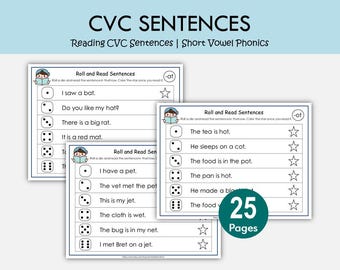 Feuilles de travail pour la lecture de phrases CVC imprimables | Activité d'alphabétisation familiale de mots phonétiques courtes pour la maternelle