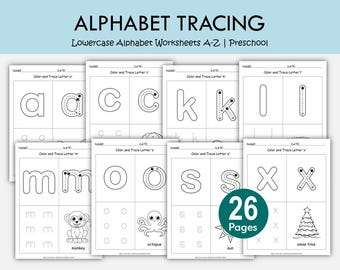 Schede di lavoro sull'alfabeto minuscolo dalla A alla Z, esercizi di tracciamento delle lettere stampabili, pratica di scrittura per la scuola materna, pagine da colorare fonetiche, attività per l'asilo.