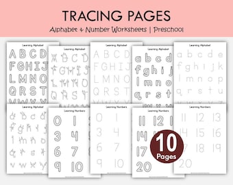 Arbetsblad med alfabet och siffror, utskrivbart A-Ö, versaler, gemener 0-20, förskola, förskoleklass, dagis, handstilsövning, PDF