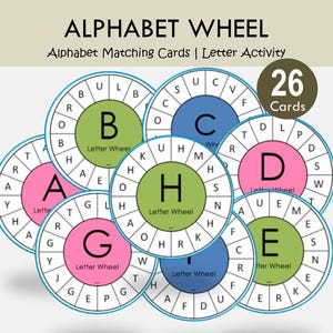 May include: Alphabet Wheel educational set featuring 26 cards with circular designs. Each card displays a large central letter in green, blue, or pink, surrounded by a ring of smaller letters. The text reads ALPHABET WHEEL Alphabet Matching Cards | Letter Activity.
