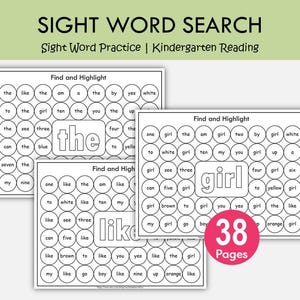 Sight Word Search Worksheets | Dab & Color Sight Word Practice | Preschool Kindergarten Reading Printables