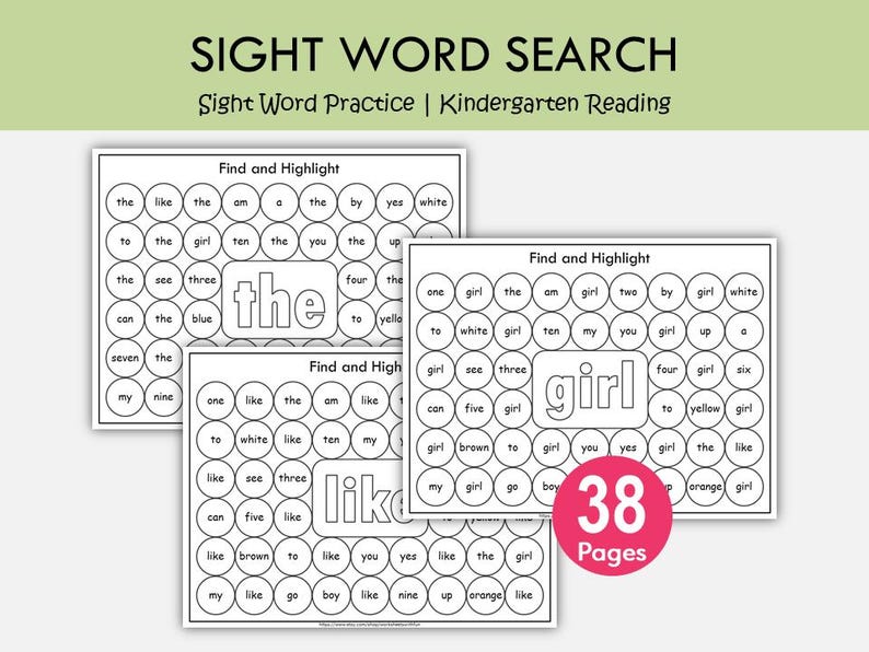 Sight Word Search Worksheets | Dab & Color Sight Word Practice | Preschool Kindergarten Reading Printables image 1