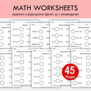 Könnte beinhalten: Ein Stapel von 45 Mathe-Arbeitsblättern für den Kindergarten. Die Arbeitsblätter behandeln Addition und Subtraktion bis 20, mit Aufgaben wie "Addition von zwei", "Addition" und "Fehlende Addenden". Jede Seite hat Platz für Name und Datum.