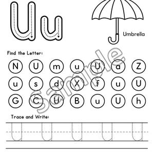 May include: Black and white printable worksheet for the letter Uu. Includes tracing and coloring activities for the letter U, a word search for the letter U, and tracing lines for writing practice. Features an umbrella illustration.