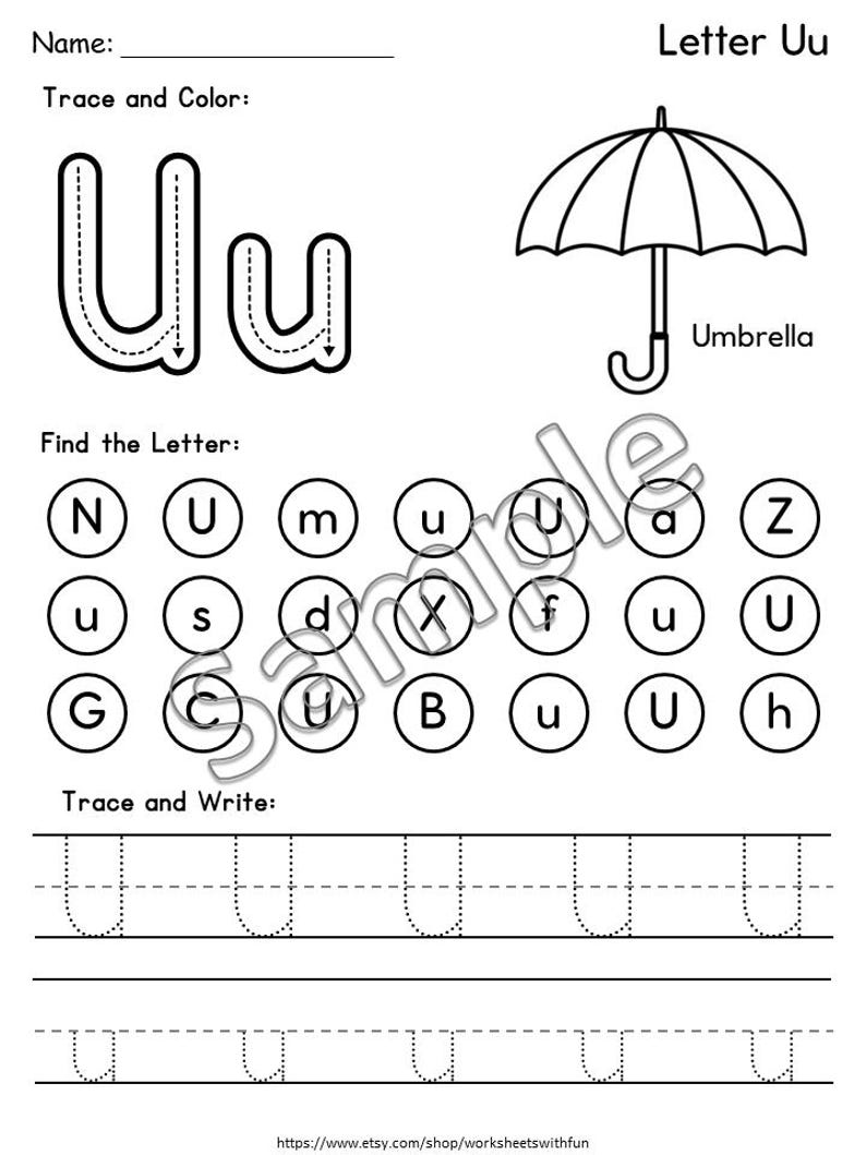 May include: Black and white printable worksheet for the letter Uu. Includes tracing and coloring activities for the letter U, a word search for the letter U, and tracing lines for writing practice. Features an umbrella illustration.