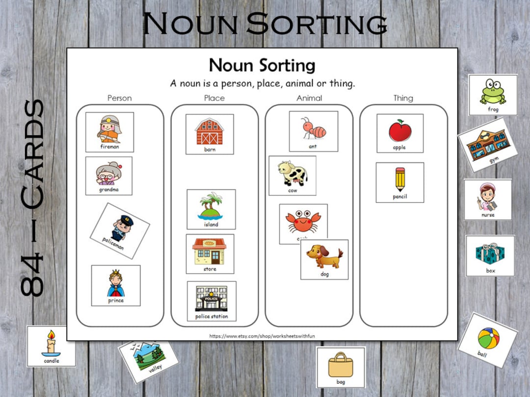 Noun Sorting, Nouns Flashcards, Matching and Grouping Activity, Noun