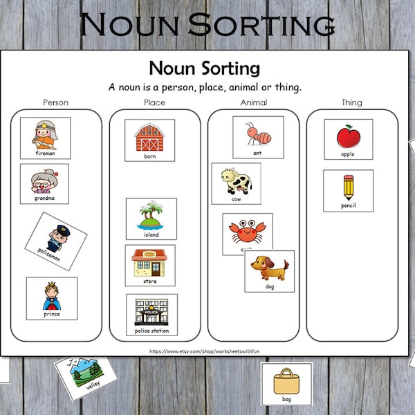 Noun Sorting, Nouns Flashcards, Matching and Grouping Activity, Noun Busy Book Practice Page, Grammar Printable, Toddlers, Kindergarten