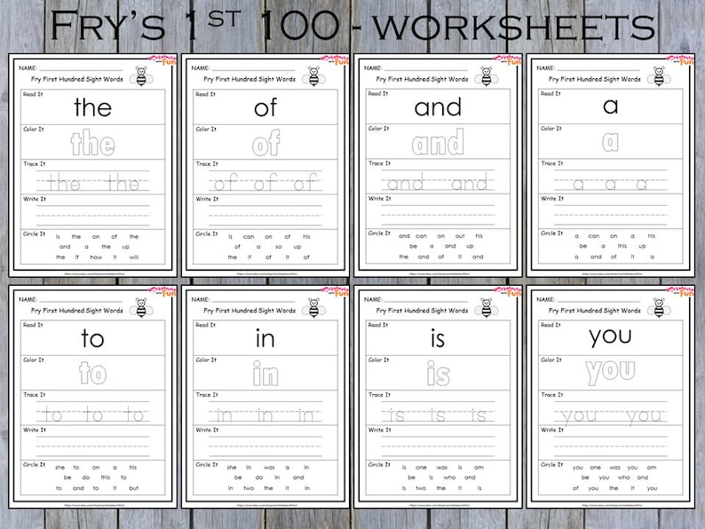 100 Printable Fry First Hundred Sight Words Worksheets for - Etsy