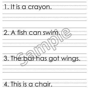 May include: Black and white printable worksheet with the title "Sentence Writing". The worksheet has four sentences for children to practice reading and writing. The sentences are: "It is a crayon", "A fish can swim", "The bar has got wings", and "This is a chair".
