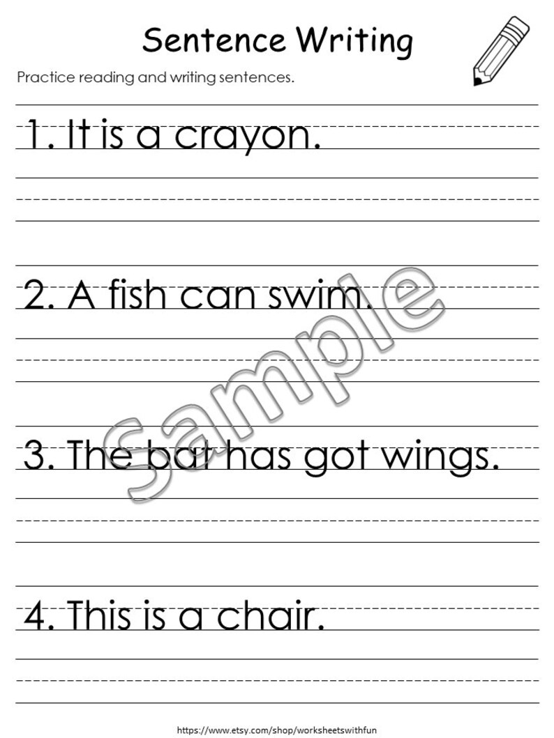 May include: Black and white printable worksheet with the title "Sentence Writing". The worksheet has four sentences for children to practice reading and writing. The sentences are: "It is a crayon", "A fish can swim", "The bar has got wings", and "This is a chair".