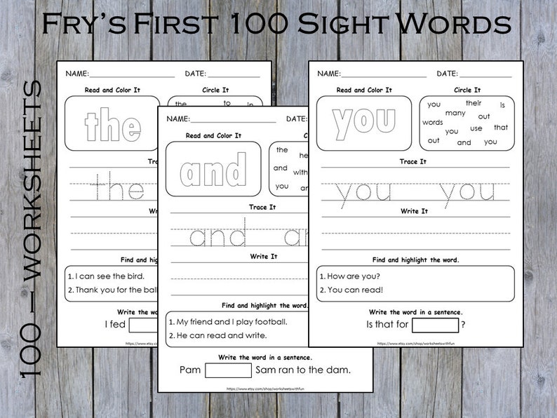 100 Printable Fry First Hundred Sight Words Worksheets for - Etsy