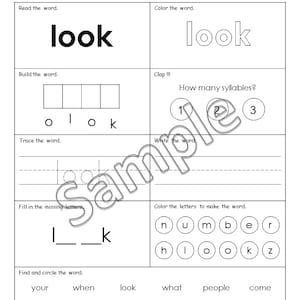 May include: Black and white worksheet for practicing the sight word "look". The worksheet includes activities such as reading, building, tracing, writing, and finding the word in a list.
