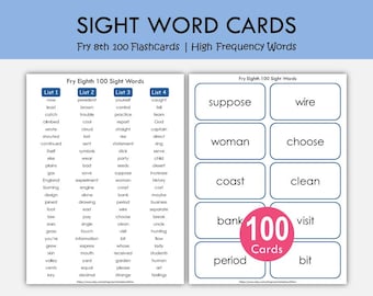 Fry 8th 100 cartes-éclair 100 mots imprimables | 701–800 mots à haute fréquence | Lecture des cartes de fluidité | École à la maison et activité en classe