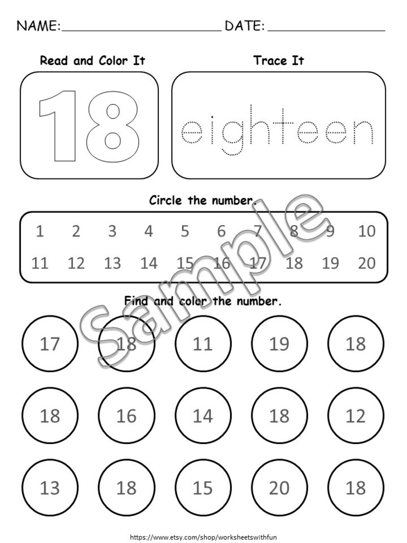 Op de afbeelding: Een zwart-wit werkblad met het getal 18 in groot lettertype. Het werkblad bevat activiteiten voor het lezen, traceren en inkleuren van het getal 18. Het werkblad bevat ook een rooster met getallen van 1 tot 20.