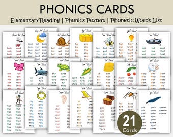 Phonics Cards for Kindergarten | Phonics Posters | Elementary Reading | Phonetic Words List | Digital Download