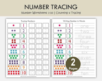 Number Worksheets 1-10 Printable, Counting & Tracing Practice, Number Words Worksheets, Preschool Kindergarten Math Activity PDF