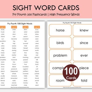 Może przedstawiać: Karty z wyrazami z tekstem "Fry Fourth 100 Flashcards | High Frequency Words". Karty są białe z jasnobrązową obwódką i zawierają listy słów. Okrągła grafika wskazuje "100 Kart".