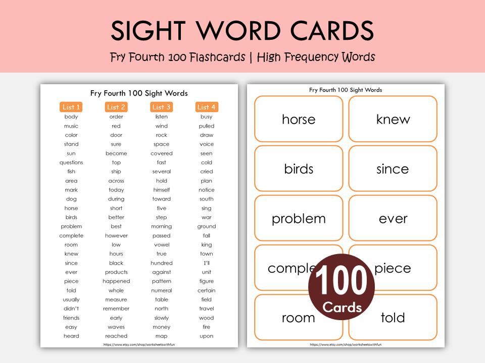 Fry Fourth 100 Sight Word Flashcards Printable (301-400) | High ...