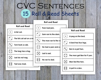 Roll and Read CVC Words Sentences, PreK CVC Words, Kindergarten Reading Fluency, Homeschool, Instant Download