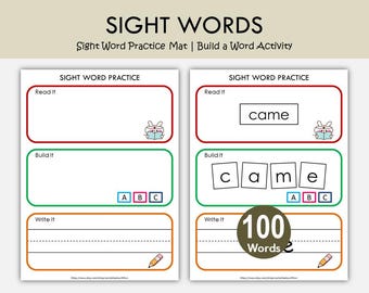 Sight Word Practice Mat Printable, Sight Word Flash Cards, Build a Word Activity, Kindergarten Literacy Center, Preschool Reading Worksheets